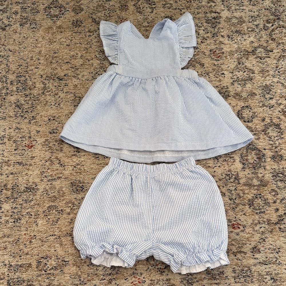 Stitchy Fish Blue Seersucker Bloomer Set- Size 2T